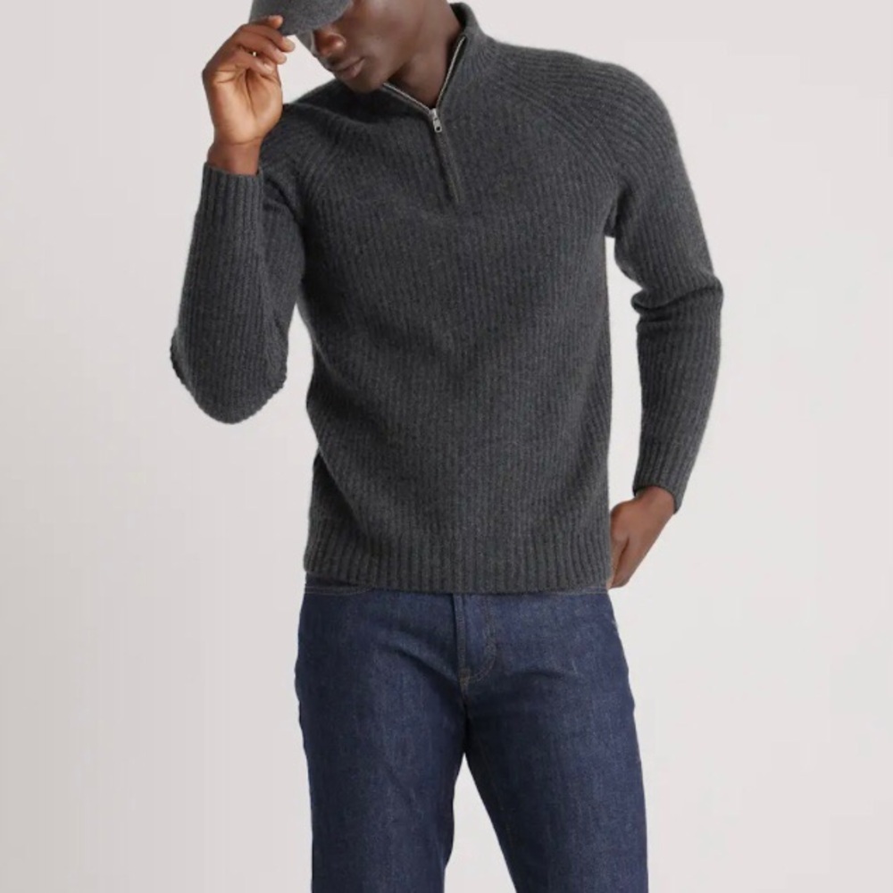 QUNICE Mongolian Cashmere Fisherman Quarter Zip Sweater Charcoal Men's Large - Picture 2 of 10
